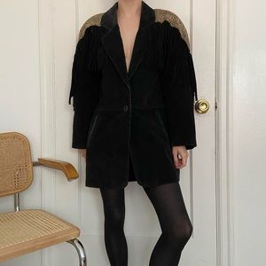 Vintage Black Suede Coat with Tassels and Leopard Detail